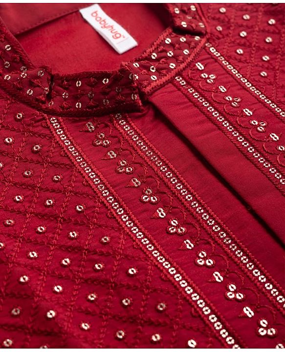 Babyhug Woven Full Sleeves Sequinned Kurta Dhoti Set - Red