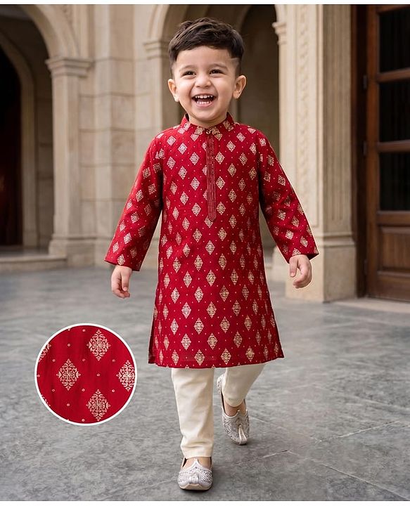 Babyhug Woven Full Sleeves Floral Foil Printed Kurta Pyjama Set - Red