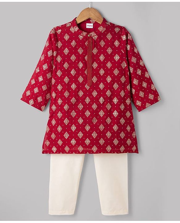 Babyhug Woven Full Sleeves Floral Foil Printed Kurta Pyjama Set - Red