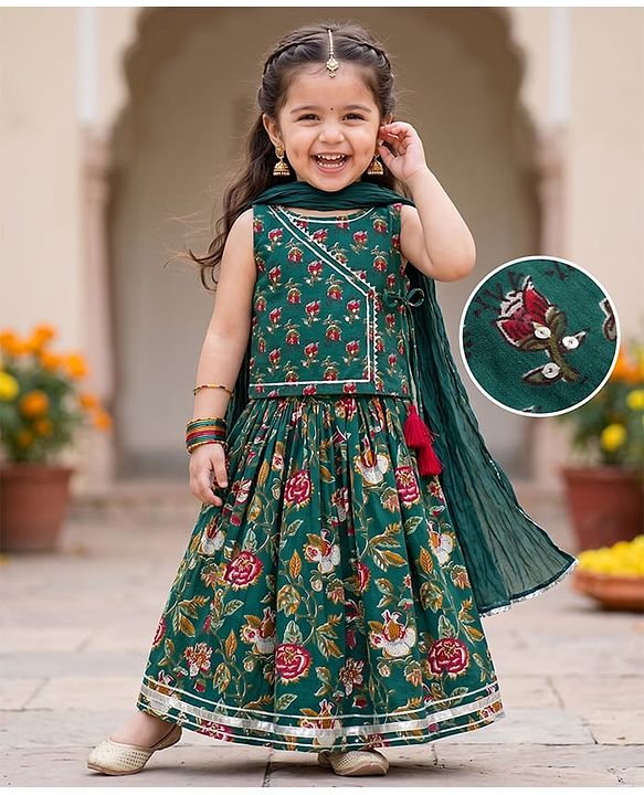 Babyhug 100% Cotton Woven Sleeveless Floral Printed Choli Lehenga Set With Dupatta - Green