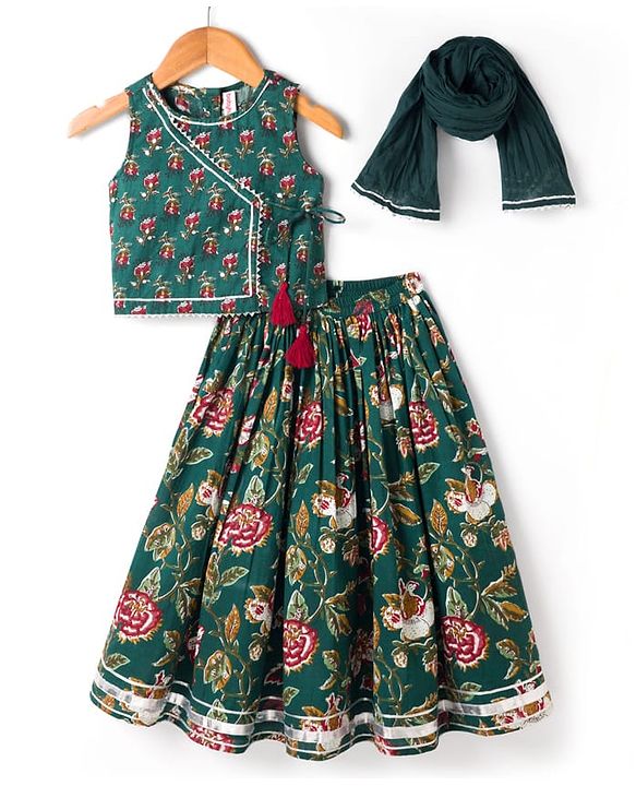 Babyhug 100% Cotton Woven Sleeveless Floral Printed Choli Lehenga Set With Dupatta - Green