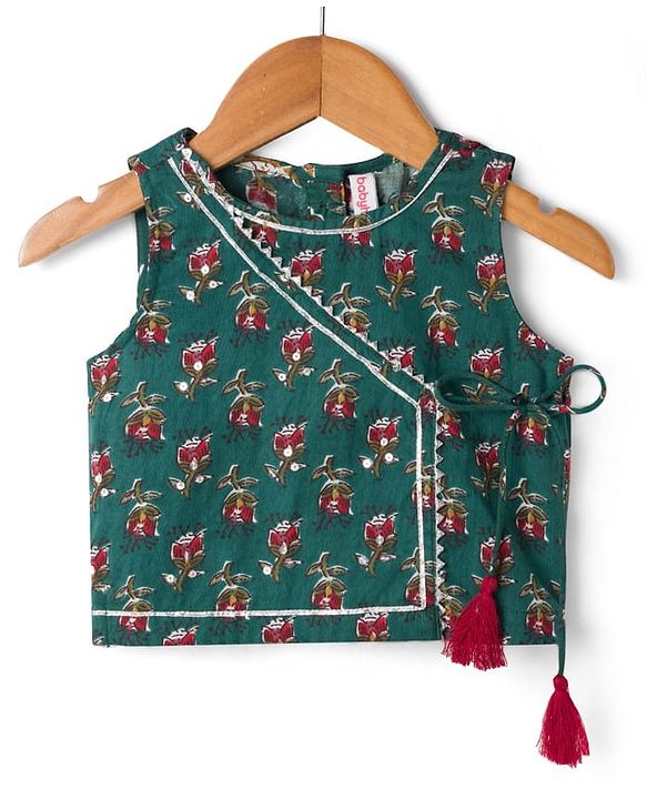 Babyhug 100% Cotton Woven Sleeveless Floral Printed Choli Lehenga Set With Dupatta - Green