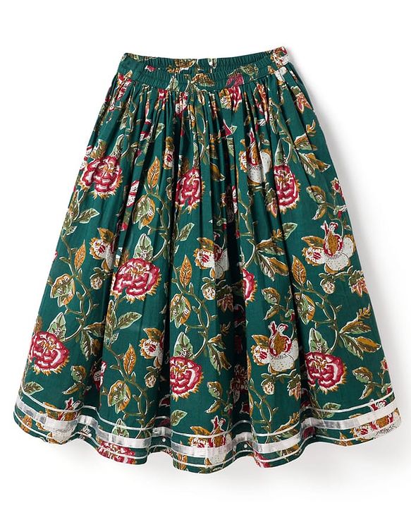 Babyhug 100% Cotton Woven Sleeveless Floral Printed Choli Lehenga Set With Dupatta - Green