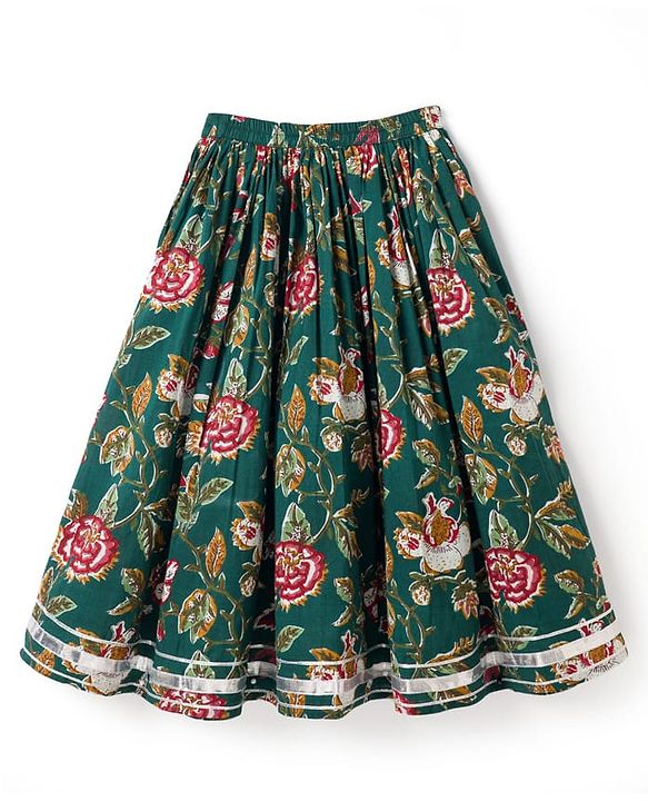 Babyhug 100% Cotton Woven Sleeveless Floral Printed Choli Lehenga Set With Dupatta - Green