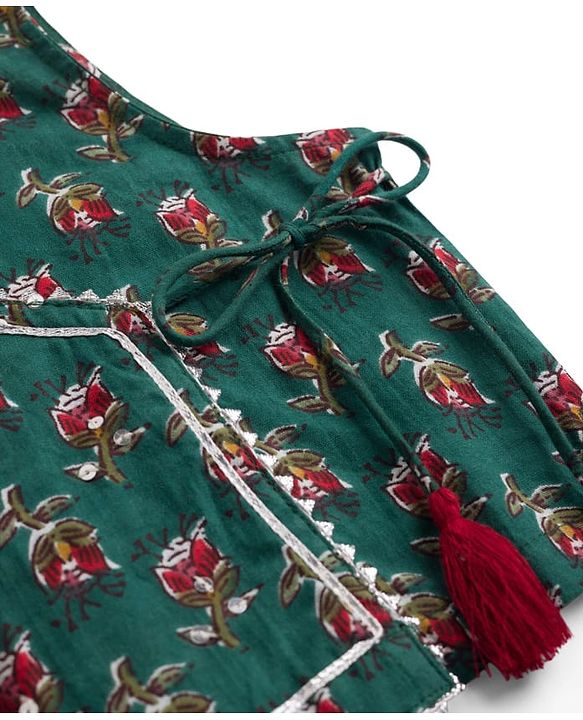 Babyhug 100% Cotton Woven Sleeveless Floral Printed Choli Lehenga Set With Dupatta - Green