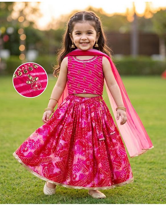 Babyhug Chanderi Woven Sleeveless Lehenga Choli and Dupatta Set With Bandhani Print & Floral Embroidery - Pink
