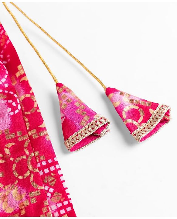 Babyhug Chanderi Woven Sleeveless Lehenga Choli and Dupatta Set With Bandhani Print & Floral Embroidery - Pink