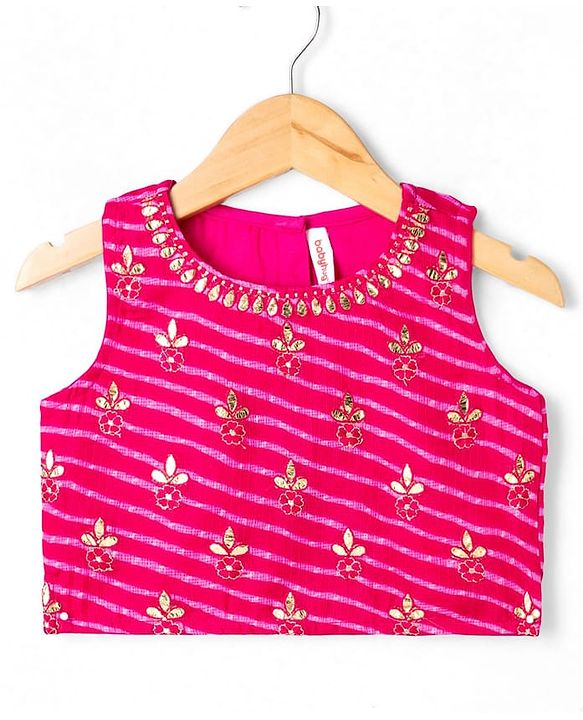 Babyhug Chanderi Woven Sleeveless Lehenga Choli and Dupatta Set With Bandhani Print & Floral Embroidery - Pink