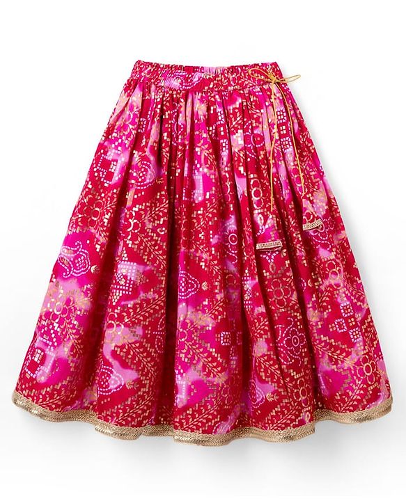 Babyhug Chanderi Woven Sleeveless Lehenga Choli and Dupatta Set With Bandhani Print & Floral Embroidery - Pink