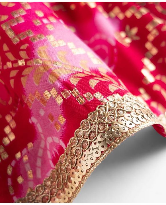 Babyhug Chanderi Woven Sleeveless Lehenga Choli and Dupatta Set With Bandhani Print & Floral Embroidery - Pink