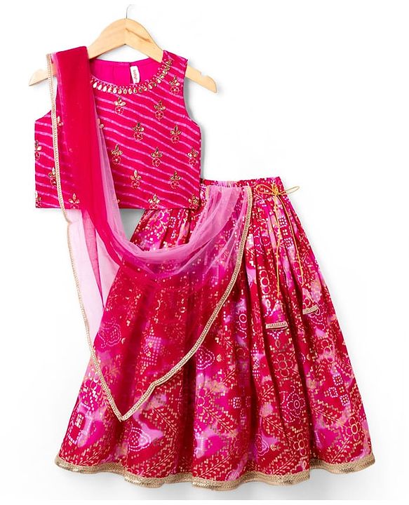 Babyhug Chanderi Woven Sleeveless Lehenga Choli and Dupatta Set With Bandhani Print & Floral Embroidery - Pink