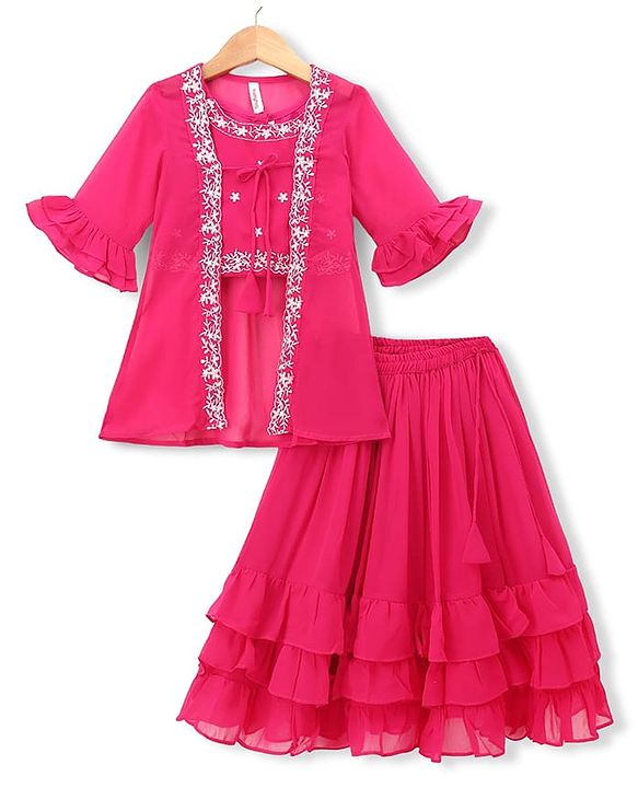 Babyhug Georgette Woven Three Fourth Sleeves Floral Embroidered Lehenga Choli and Jacket Set - Pink