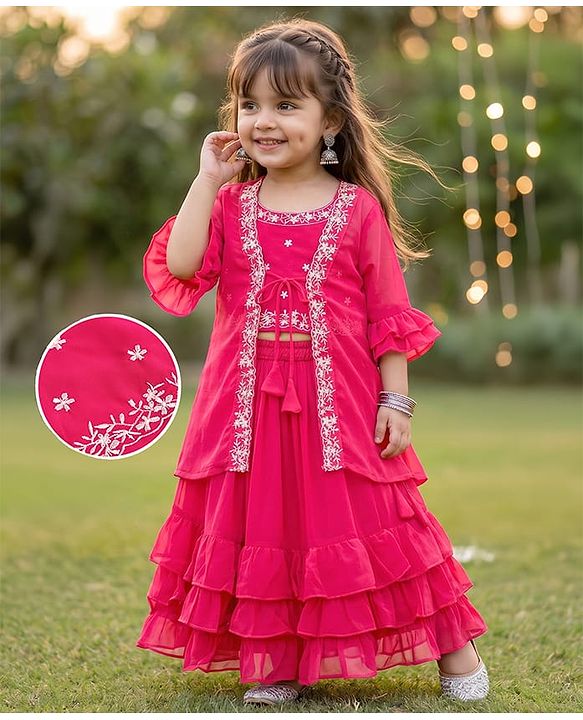 Babyhug Georgette Woven Three Fourth Sleeves Floral Embroidered Lehenga Choli and Jacket Set - Pink