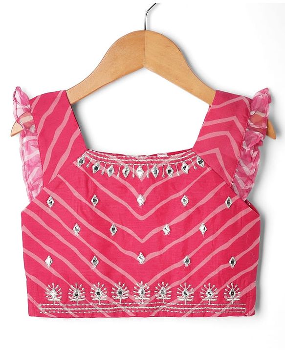 Babyhug Chanderi Woven Sleeveless Lehariya Printed With Mirror Embroidered Lehenga Choli and Dupatta Set - Pink & Yellow