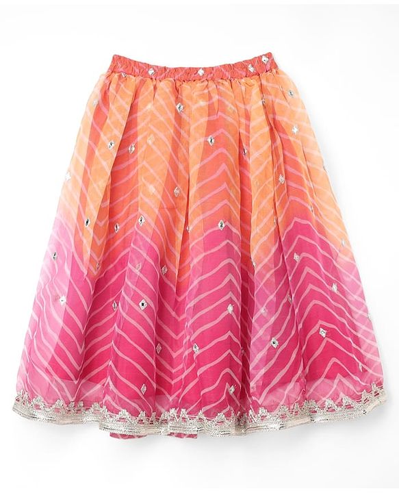 Babyhug Chanderi Woven Sleeveless Lehariya Printed With Mirror Embroidered Lehenga Choli and Dupatta Set - Pink & Yellow