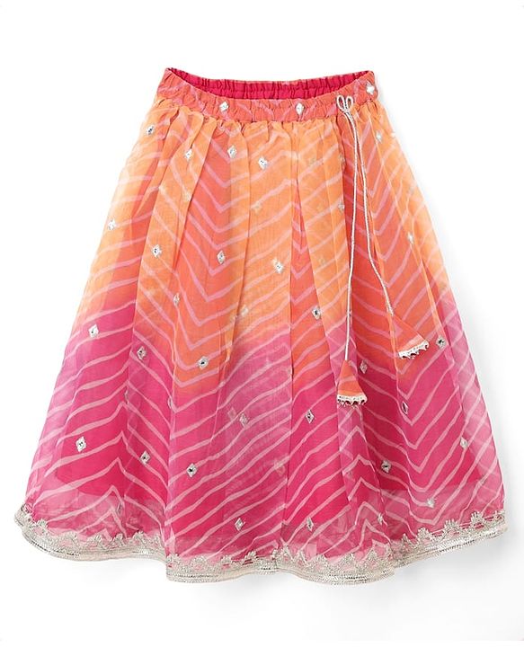Babyhug Chanderi Woven Sleeveless Lehariya Printed With Mirror Embroidered Lehenga Choli and Dupatta Set - Pink & Yellow