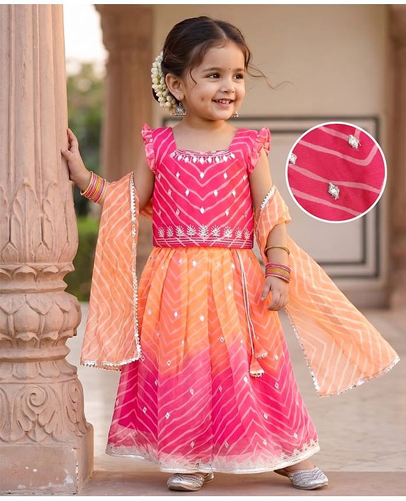 Babyhug Chanderi Woven Sleeveless Lehariya Printed With Mirror Embroidered Lehenga Choli and Dupatta Set - Pink & Yellow