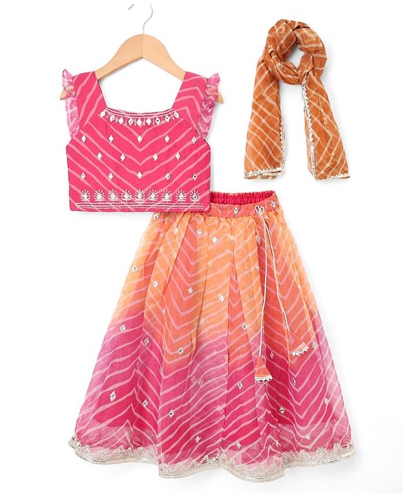 Babyhug Chanderi Woven Sleeveless Lehariya Printed With Mirror Embroidered Lehenga Choli and Dupatta Set - Pink & Yellow