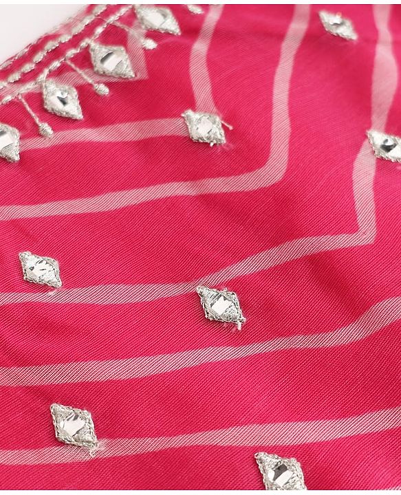 Babyhug Chanderi Woven Sleeveless Lehariya Printed With Mirror Embroidered Lehenga Choli and Dupatta Set - Pink & Yellow