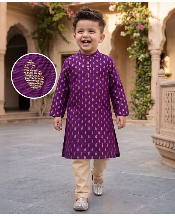 Babyhug Brocade Woven Full Sleeves Kurta Pajama Set with Kolka Embroidery - Purple