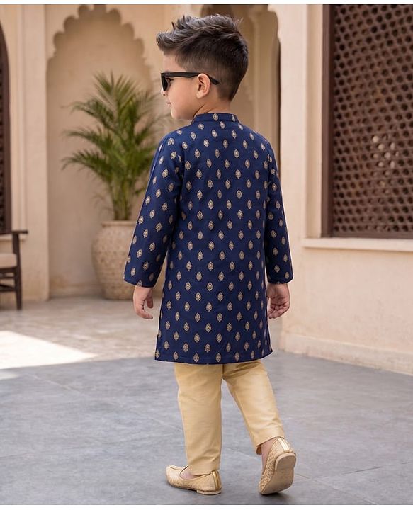 Babyhug Brocade Woven Full Sleeves Kurta Pajama Set with Kolka Embroidery - Navy