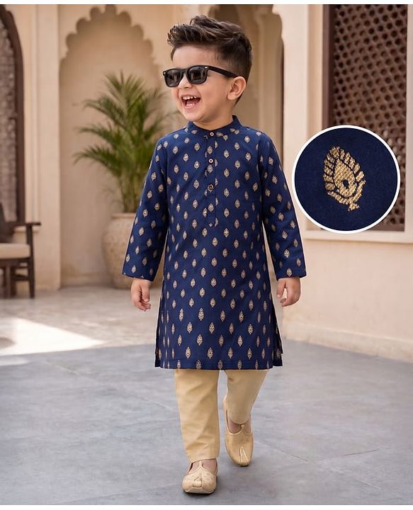 Babyhug Brocade Woven Full Sleeves Kurta Pajama Set with Kolka Embroidery - Navy