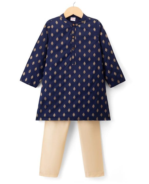 Babyhug Brocade Woven Full Sleeves Kurta Pajama Set with Kolka Embroidery - Navy