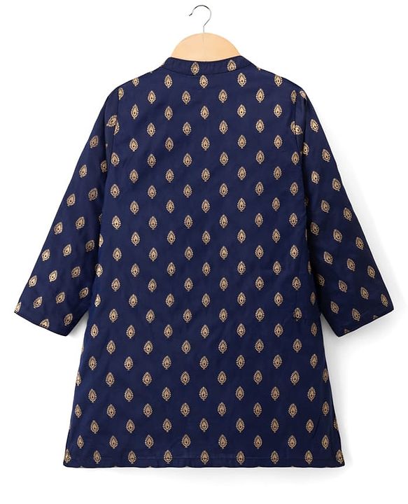 Babyhug Brocade Woven Full Sleeves Kurta Pajama Set with Kolka Embroidery - Navy