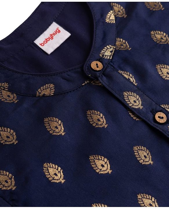 Babyhug Brocade Woven Full Sleeves Kurta Pajama Set with Kolka Embroidery - Navy