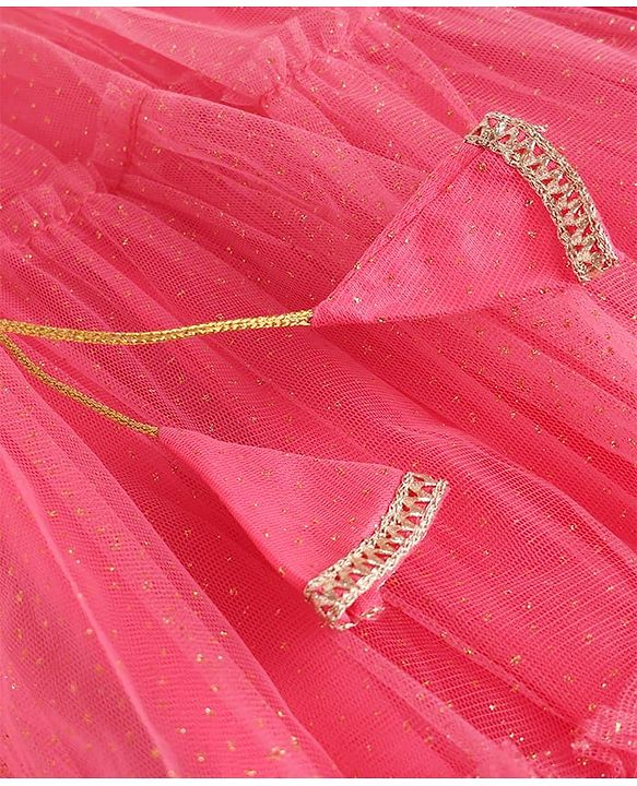 Babyhug Net Woven Half Sleeve Chanderi Floral Embroidered Lehenga Choli and Dupatta Set - Pink & Green