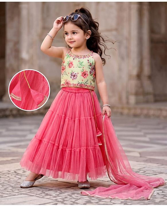 Babyhug Net Woven Half Sleeve Chanderi Floral Embroidered Lehenga Choli and Dupatta Set - Pink & Green