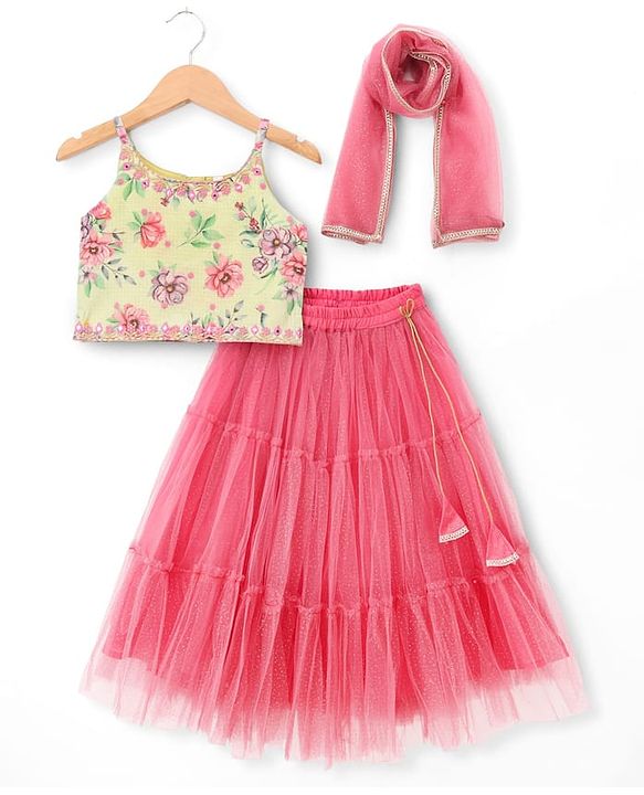 Babyhug Net Woven Half Sleeve Chanderi Floral Embroidered Lehenga Choli and Dupatta Set - Pink & Green