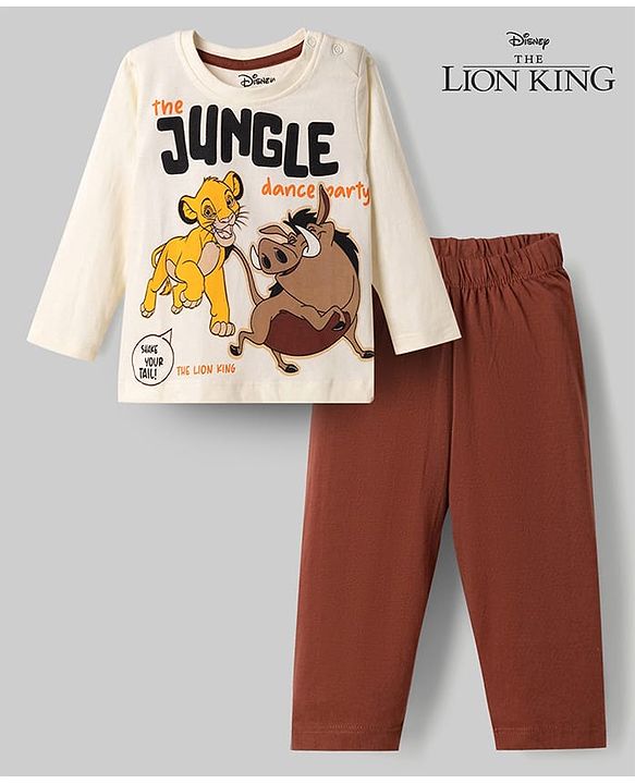 Babyhug Disney Single Jersey Knit Full Sleeves T-Shirt & Pyjama Night Suit Lion King Print - White & Brown