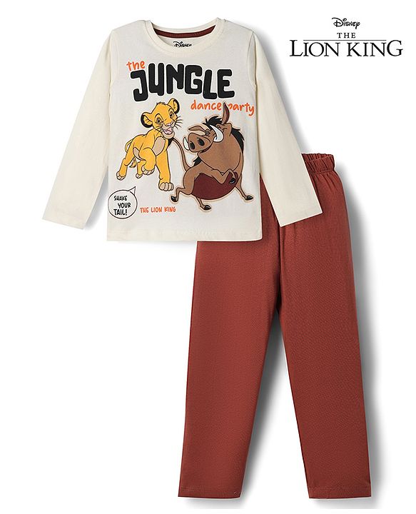Babyhug Disney Single Jersey Knit Full Sleeves T-Shirt & Pyjama Night Suit Lion King Print - White & Brown