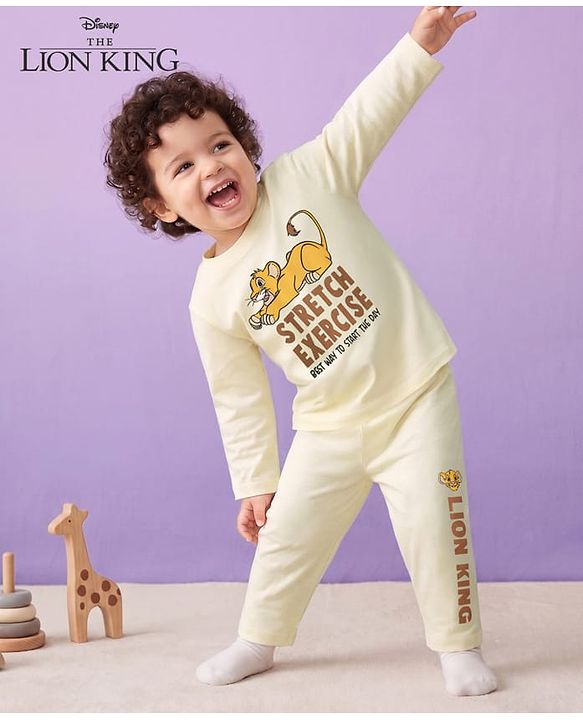 Babyhug Disney Single Jersey Knit Full Sleeves Lion King Printed T-Shirt & Pajama Night Suit - Yellow