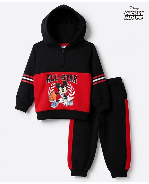 Babyhug Disney 100% Cotton Terry Knit Full Sleeves Hooded Sweatshirt and Pant with Mickey Mouse Graphic & Cut & Sew in Black