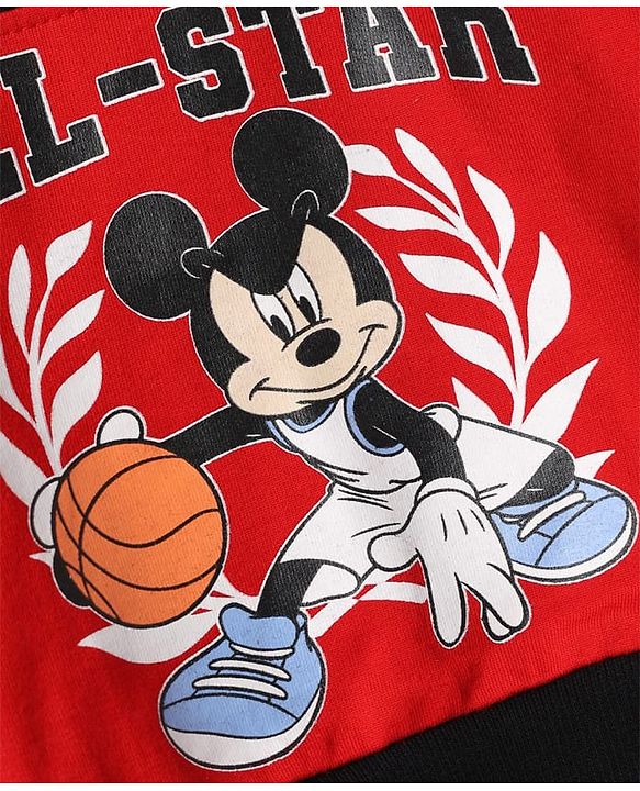 Babyhug Disney 100% Cotton Terry Knit Full Sleeves Hooded Sweatshirt and Pant with Mickey Mouse Graphic & Cut & Sew in Black