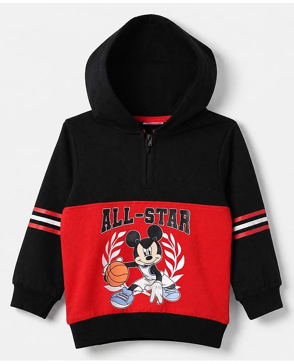 Babyhug Disney 100% Cotton Terry Knit Full Sleeves Hooded Sweatshirt and Pant with Mickey Mouse Graphic & Cut & Sew in Black