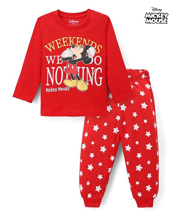 Babyhug Disney Single Jersey Knit Full Sleeves T-Shirt & Pyjama Night Suit with Mickey Mouse & Star Print - Red