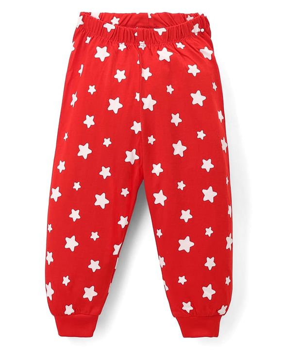 Babyhug Disney Single Jersey Knit Full Sleeves T-Shirt & Pyjama Night Suit with Mickey Mouse & Star Print - Red