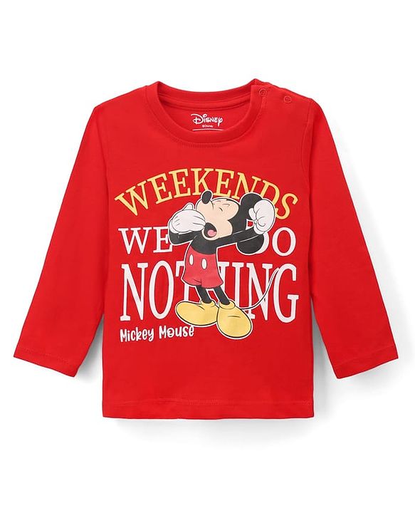 Babyhug Disney Single Jersey Knit Full Sleeves T-Shirt & Pyjama Night Suit with Mickey Mouse & Star Print - Red