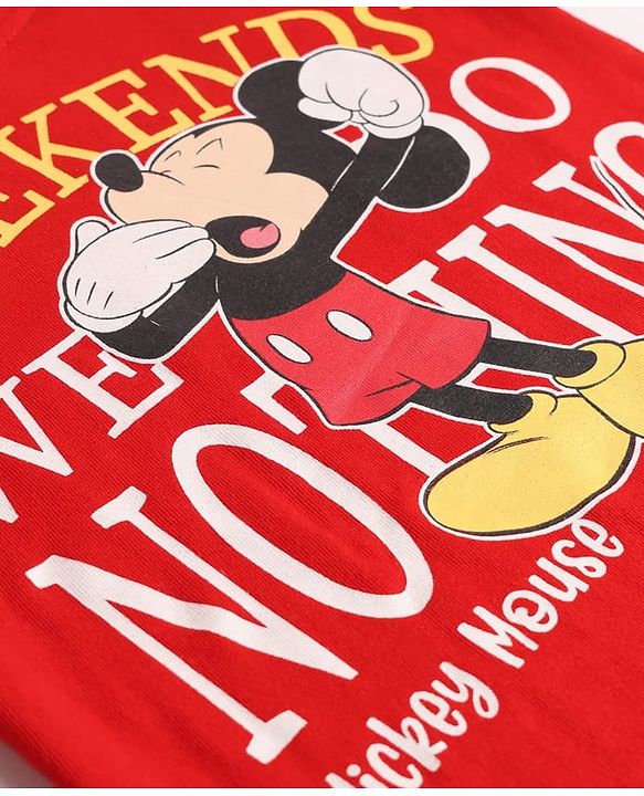 Babyhug Disney Single Jersey Knit Full Sleeves T-Shirt & Pyjama Night Suit with Mickey Mouse & Star Print - Red