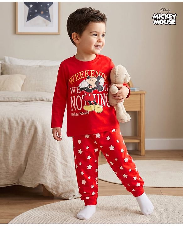 Babyhug Disney Single Jersey Knit Full Sleeves T-Shirt & Pyjama Night Suit with Mickey Mouse & Star Print - Red