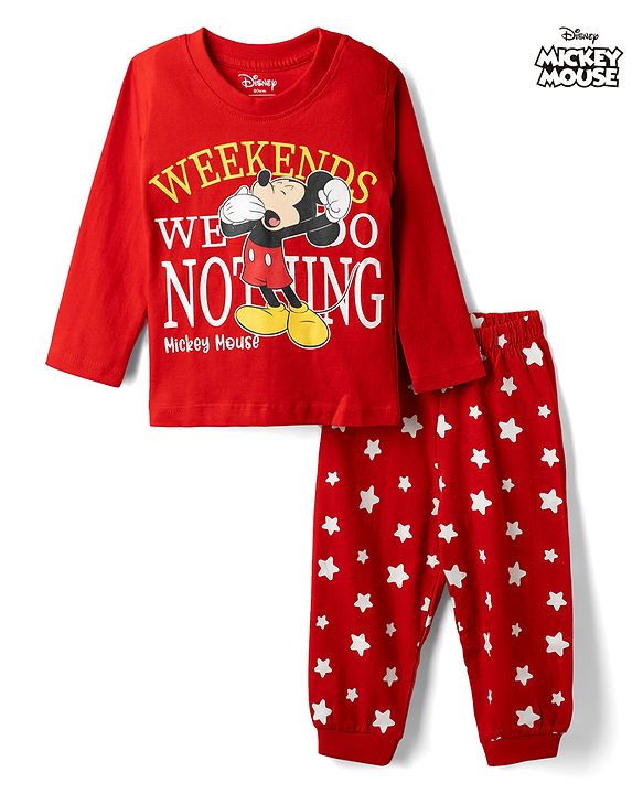 Babyhug Disney Single Jersey Knit Full Sleeves T-Shirt & Pyjama Night Suit with Mickey Mouse & Star Print - Red