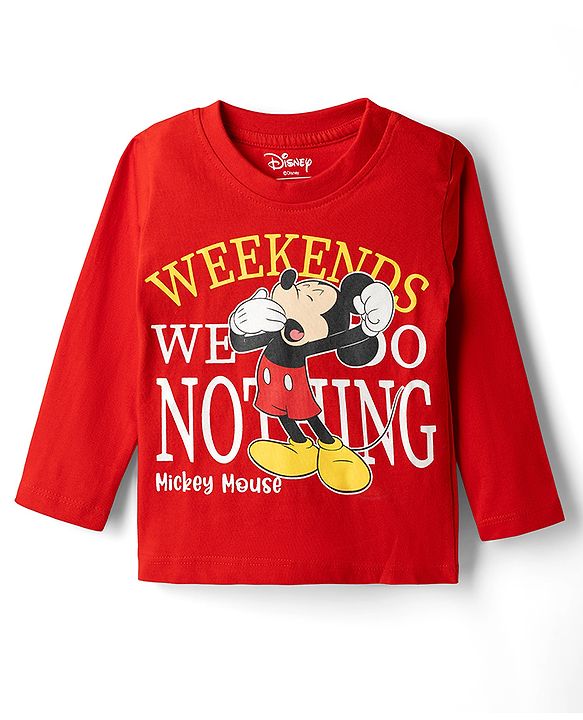 Babyhug Disney Single Jersey Knit Full Sleeves T-Shirt & Pyjama Night Suit with Mickey Mouse & Star Print - Red