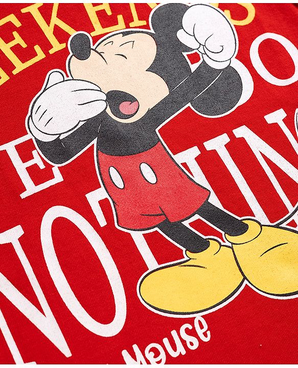 Babyhug Disney Single Jersey Knit Full Sleeves T-Shirt & Pyjama Night Suit with Mickey Mouse & Star Print - Red