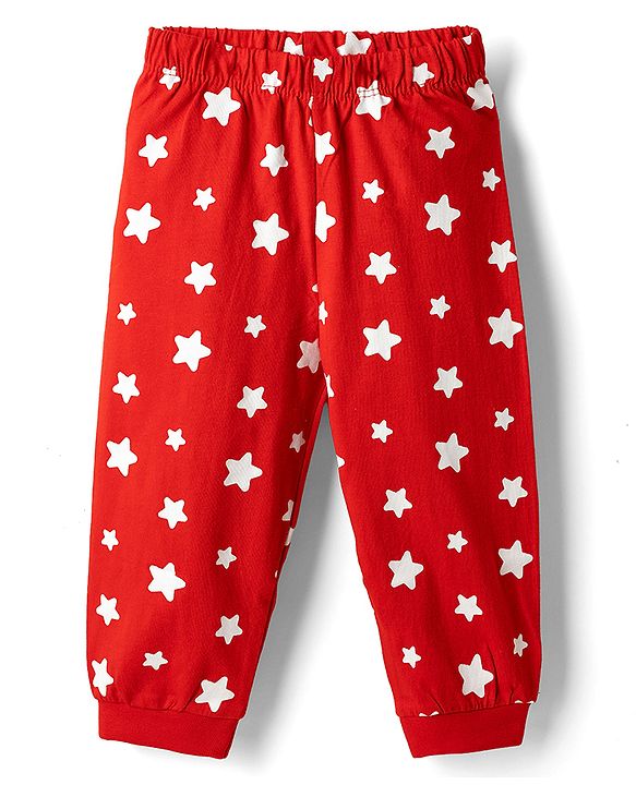 Babyhug Disney Single Jersey Knit Full Sleeves T-Shirt & Pyjama Night Suit with Mickey Mouse & Star Print - Red