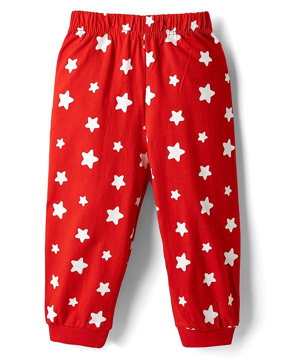 Babyhug Disney Single Jersey Knit Full Sleeves T-Shirt & Pyjama Night Suit with Mickey Mouse & Star Print - Red
