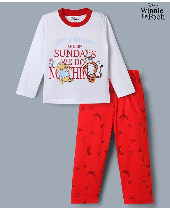 Babyhug Disney Single Jersey Knit Full Sleeves T-Shirt & Pyjama Night Suit with Winnie the Pooh & Friends Graphic - White