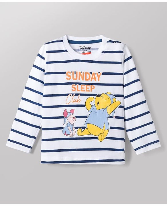Babyhug Disney Single Jersey Knit Full Sleeves Striped T-Shirt & Pyjama Night Suit with Winnie the Pooh Graphics - White & Blue